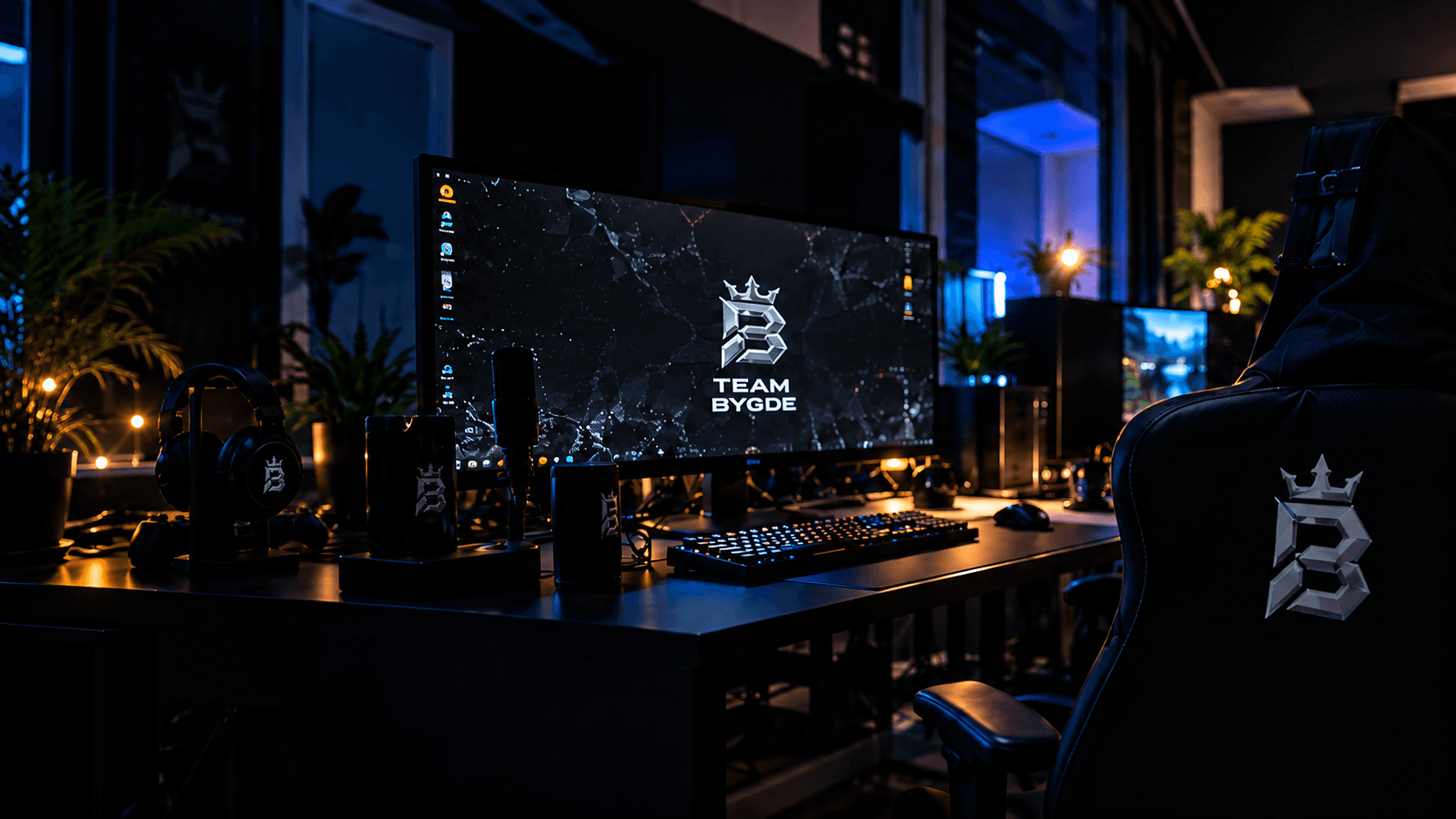 Team Bygde gaming setup with PC, monitor, desk and chair